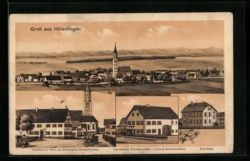 Künstler-AK sign. Hans Pernat: Hiltenfingen, Gesamtansicht, Gasthof zur Post, Warengeschäft Deutschenbaur, Schulhaus