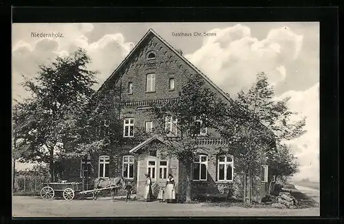 AK Niedernholz, Gasthaus Chr. Senne mit Pferdewagen und Strasse