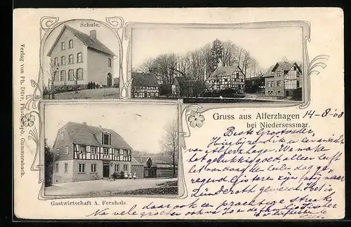 AK Alferzhagen bei Niedersessmar, Gasthaus A. Fernholz, Ortspartie, Schule