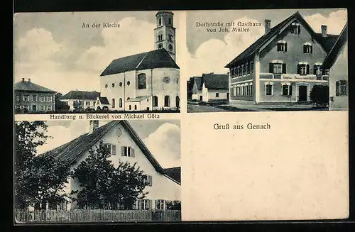 AK Gennach, Strassenpartie mit Gasthaus Müller, Handlung u. Bäckerei Michael Götz