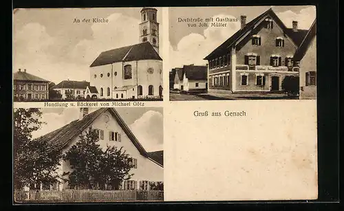 AK Gennach, Dorfstrasse mit Gasthaus Müller, Handlung u. Bäckerei Michael Götz