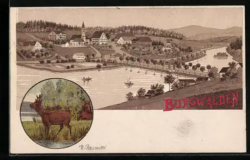 Lithographie Burgwalden, Ortsansicht mit Brücke und Bergkette, Rehe am Wasser