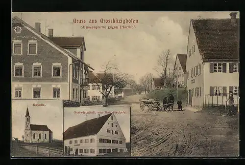 AK Grosskitzighofen, Strassenpartie gegen Pfarrhof, Gasthaus Max Stechele