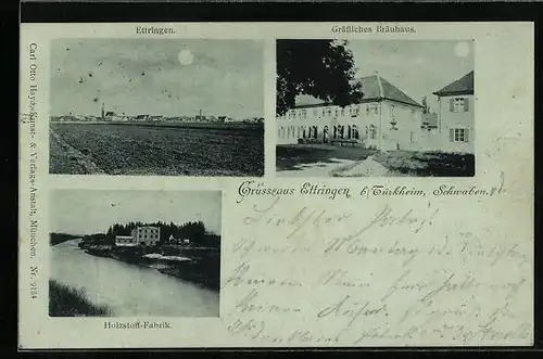 Mondschein-AK Ettringen, Ortspanorama, Gräfliches Brauhaus, Holzstoff-Fabrik