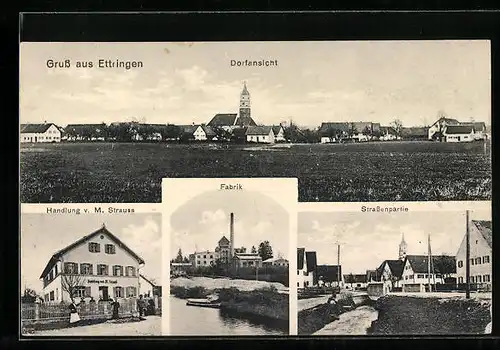AK Ettringen, Ortspanorama, Handlung M. Strauss, Strassenpartie, Fabrik