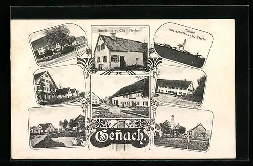 AK Gennach, Handlung Chr. Fischer, Strassenpartie, Ortspartie mit Kirche