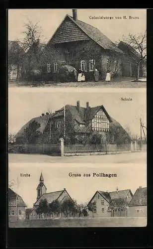 AK Pollhagen, Ortspartie mit Kirche, Kolonialwaren Bruns