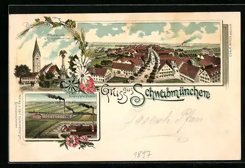 Lithographie Schwabmünchen, Ortsansicht aus der Vogelschau, Holzheysche Weberei