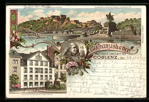 Lithographie Coblenz, Restaurant zum Franziskaner, Panorama mit Ehrenbreitstein