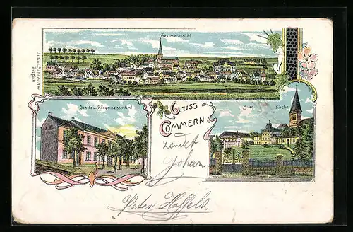 Lithographie Commern, Schule und Bürgermeister-Amt, Burg und Kirche