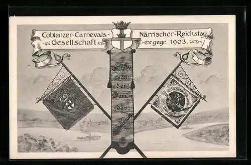 AK Coblenz, Närrischer Reichstag der Coblenzer Carnevals-Gesellschaft 1903, Fahnen