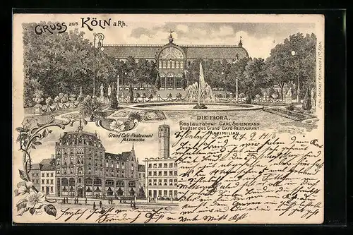 Lithographie Köln-Riehl, Grand Cafe-Restaurant Maximilian, Flora