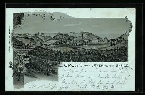 Mondschein-Lithographie Offermannsheide, Ortsansicht mit Umgebung