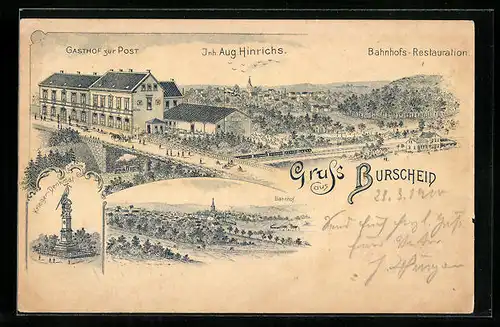 Lithographie Burscheid, Gasthof zur Post und Bahnhofs-Restaurant