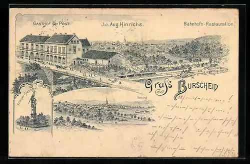 Lithographie Burscheid, Gasthof zur Post und Bahnhofs-Restaurant, Kriegerdenkmal