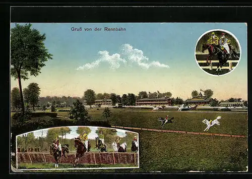 AK Frankfurt a. M., Gruss von der Rennbahn, Hürdensprung, Teilansicht