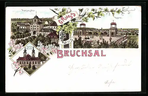 Lithographie Bruchsal, Damianstor, Reserve, Peters-Kirche