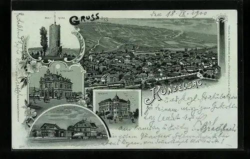 Lithographie Künzelsau, Warf-Thurm, Bahnhof und Restaurant, Seminar