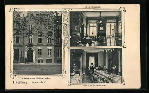 AK Hamburg-Neustadt, Christliches Kellnerheim, Esplanade 11, Innenansichten Speisezimmer und Gesellschaftszimmer