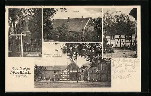 AK Nordel i. Hann., Kriegerdenkmal, Schule, Kapelle, Bäckerei und Kolonialwaren von Herm. Nordbrück