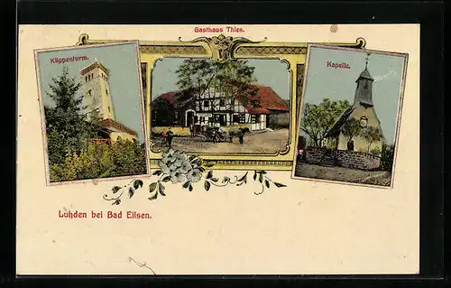AK Bad Eilsen, Gasthaus Thies, Kapelle, Klippenturm