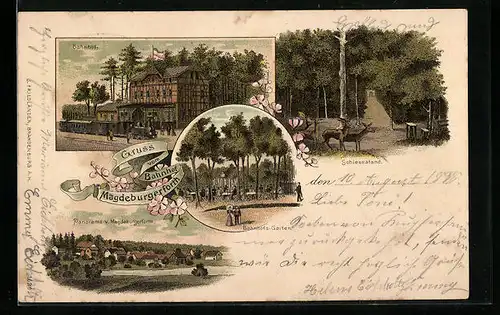 Lithographie Magdeburgerforth, Bahnhof, Panorama, Schiessstand