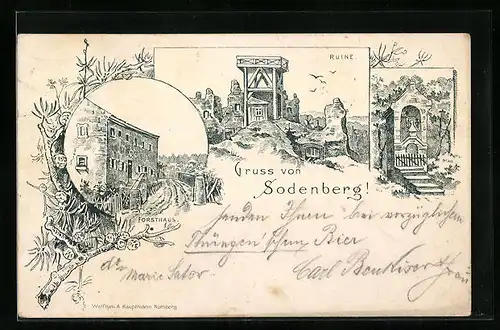 Lithographie Sodenberg, Ruine, Forsthaus, Kapellchen