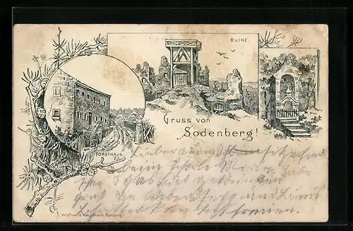 Lithographie Sodenberg, Ruine, Forsthaus, Wegekreuz