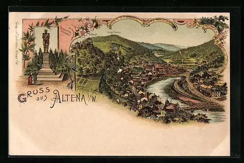 Lithographie Altena i. W., Totalansicht, Bismarck-Denkmal, Schloss