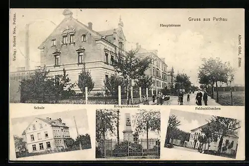 AK Pethau, Hauptstrasse, Feldschlösschen, Schule, Kriegerdenkmal
