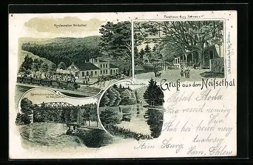 Lithographie Rohnau, Restaurant Neissthal, Forsthaus-Burg Rohnau, Eisenbahnbrücke