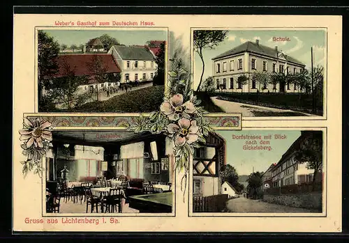 AK Lichtenberg i. Sa., Weber`s Gasthof zum Deutschen Haus, Schule, Dorfstrasse mit Blick nach dem Gickelsberg