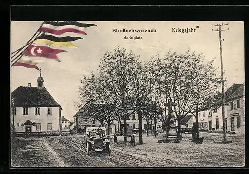 AK Stadtschwarzach, Marktplatz, Rathaus, Zweibund und Türk., Ungar. Fahnen