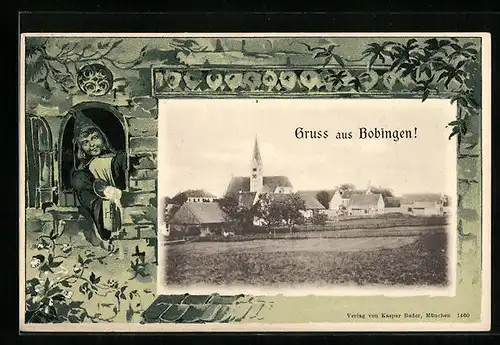 AK Bobingen, Teilansicht mit Kirche, Münchner Kindl