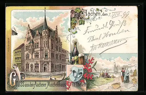 Lithographie Aachen, Restaurant Aachener Muschelnhaus Th. Thelen, Wappen