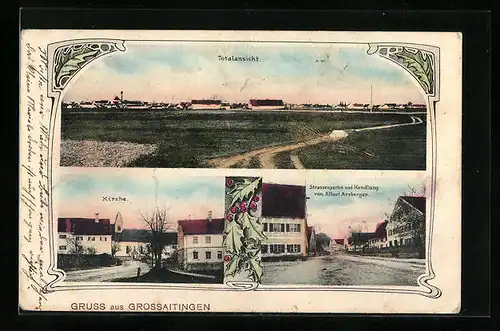 AK Grossaitingen, Totalansicht, Strassenpartie mit Handlung Albert Arzberger, Kirche