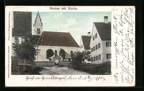 AK Grossaitingen, Strasse mit Kirche