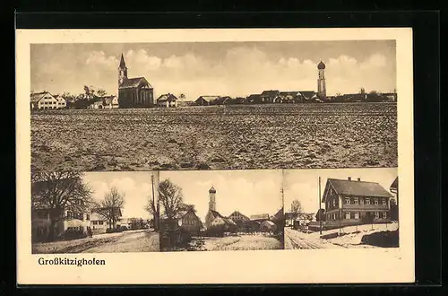 AK Grosskitzighofen, Ortsansicht, Strassenpartie, Kirche