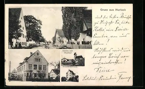 AK Hurlach, Kirche mit Pfarrhof, Schule, Schloss Hurlach, Strassenpartie