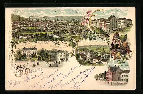 Lithographie B. Gladbach, Marktplatz, Hotel Bergischer Hof can Haaren, Krankenhaus