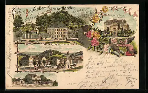 Lithographie Berg. Gladbach, Bahnhof, Wilhelmstrasse, Kath. Schule