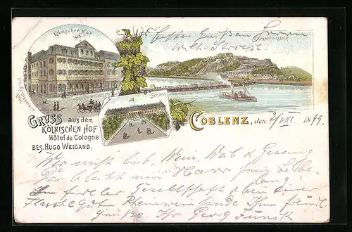 Lithographie Coblenz, Hotel Kölnischer Hof, Ehrenbreitstein mit Dampfer