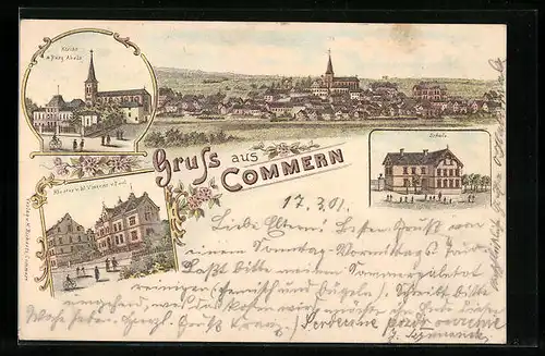 Lithographie Commern, Totalansicht mit Kirche und Schule
