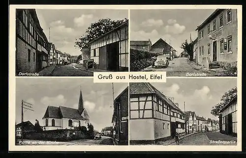 AK Hostel i. Eifel, Dorfstrasse, Partie an der Kirche, Strassenpartie