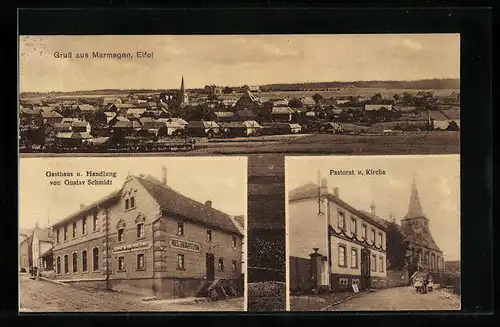 AK Marmagen i. Eifel, Ortsansicht mit Gasthaus Schmidt, Pastorat und Kirche