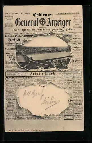 Zeitungs-AK Coblenz, Ortsansicht, Ehrenbreitstein, Zeitung