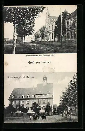AK Frechen, Schützenhaus mit Franzstrasse, Antoniterstrasse mit Rathaus