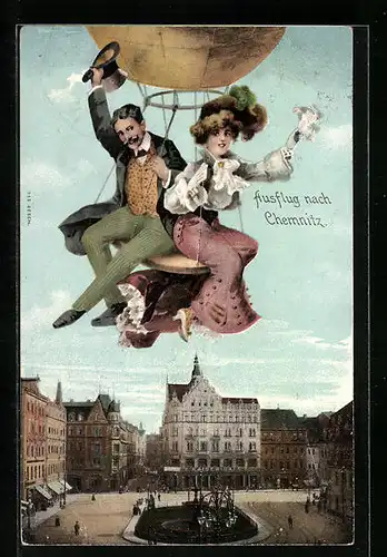 AK Chemnitz, Fliegendes Ehepaar im Ballon über dem Marktplatz