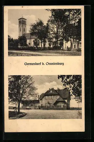 AK Germendorf b. Oranienburg, Kirche mit Denkmal, Bahnhof
