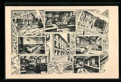 AK Bonn, Hof-Restaurant Hähnchen, Innen- und Aussenansichten